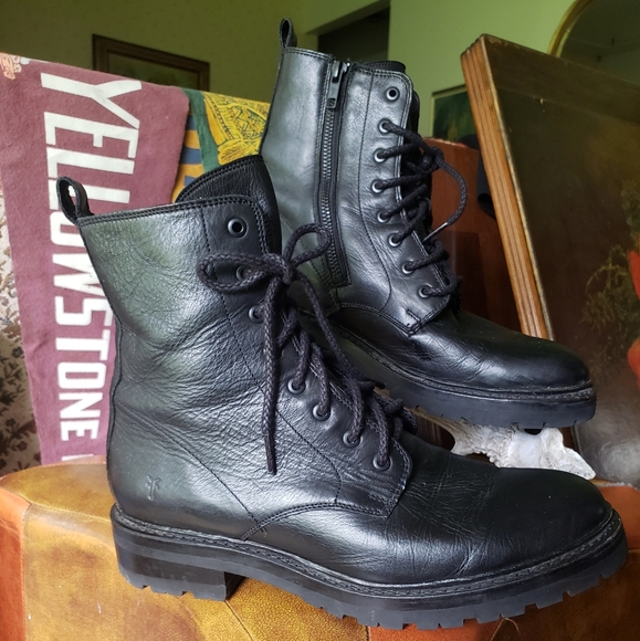 Frye Julie Lace Combat Boots Zip Black Moto 8 - Picture 5 of 11